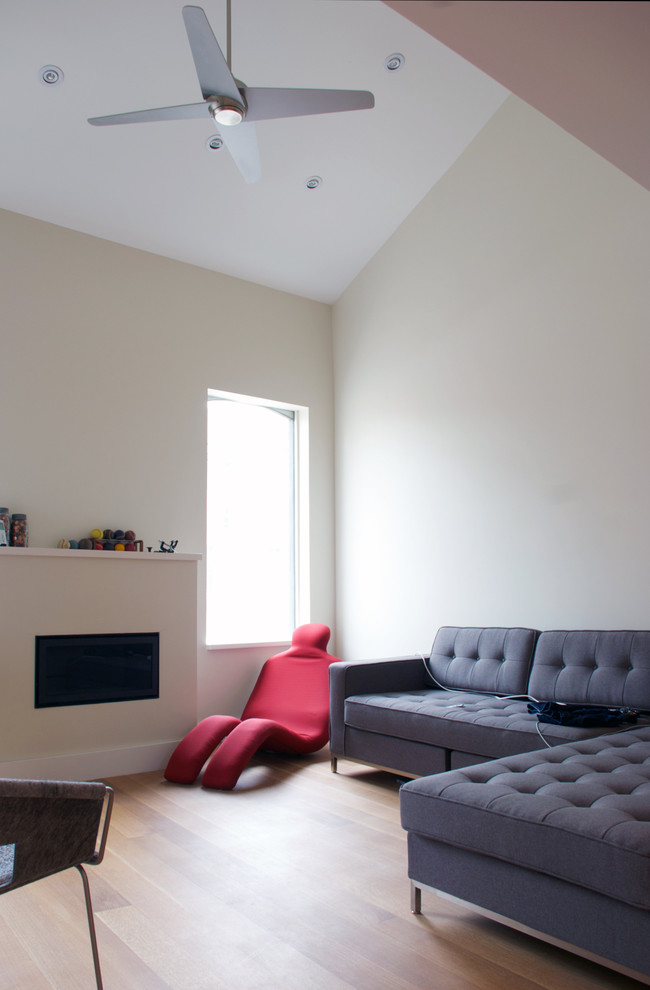 Photo of a small modern living room in Toronto with beige walls, light hardwood flooring, a standard fireplace and a plastered fireplace surround.