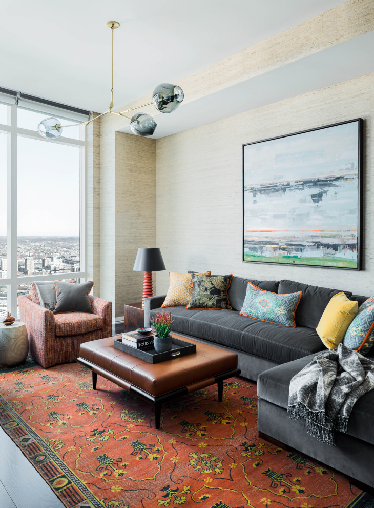 Trendy wallpaper living room photo in Boston with beige walls