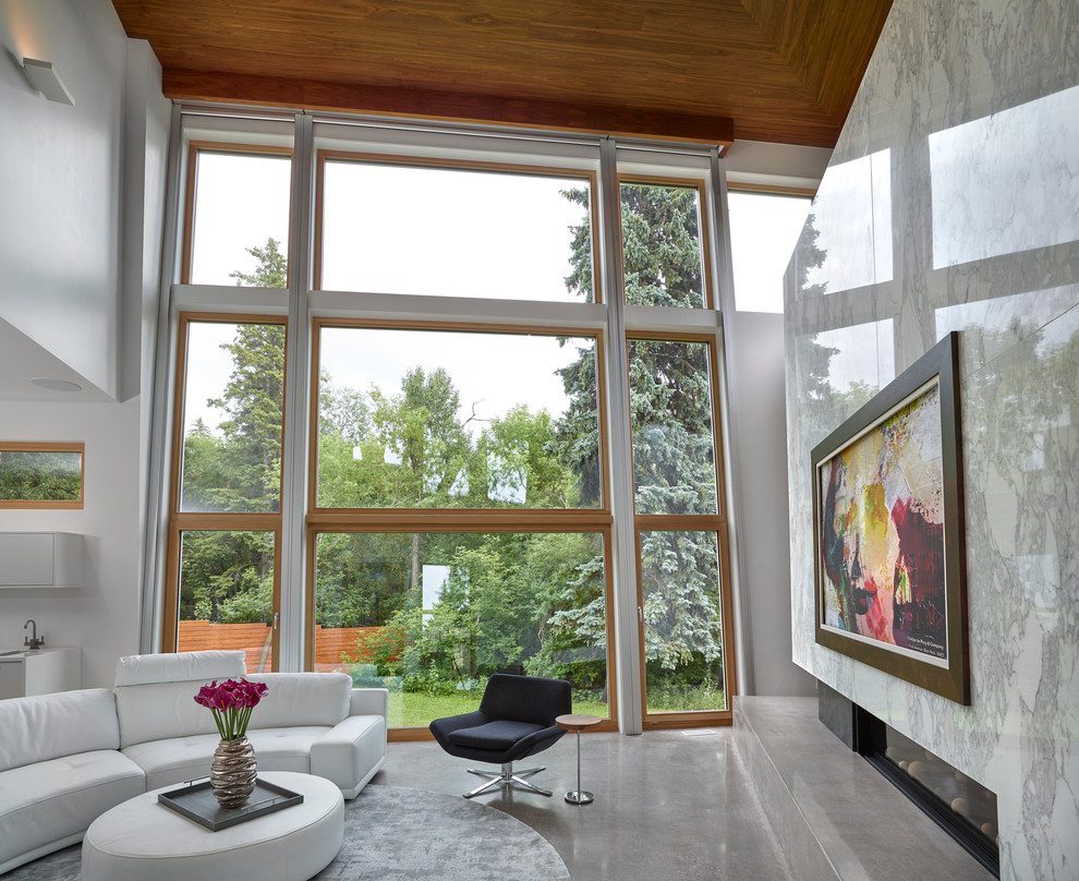 Geräumiges, Repräsentatives, Fernseherloses Modernes Wohnzimmer im Loft-Stil mit weißer Wandfarbe, Betonboden, Tunnelkamin und Kaminumrandung aus Stein in Edmonton
