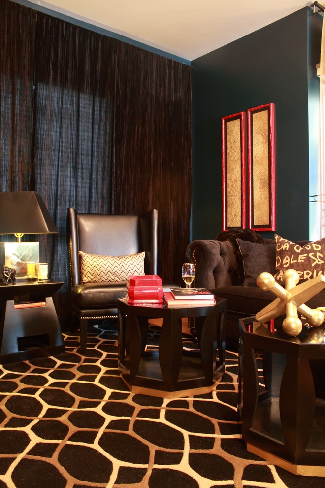 Living room - eclectic living room idea in Los Angeles with blue walls