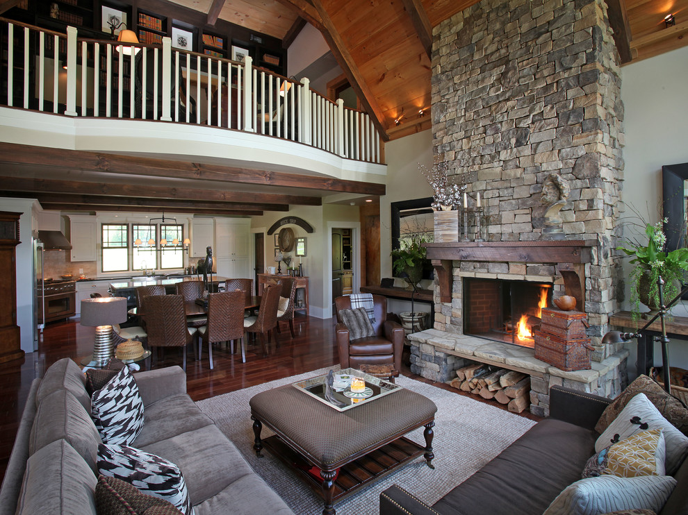 Inspiration for a huge contemporary open concept living room remodel in Atlanta with white walls, a standard fireplace and a stone fireplace