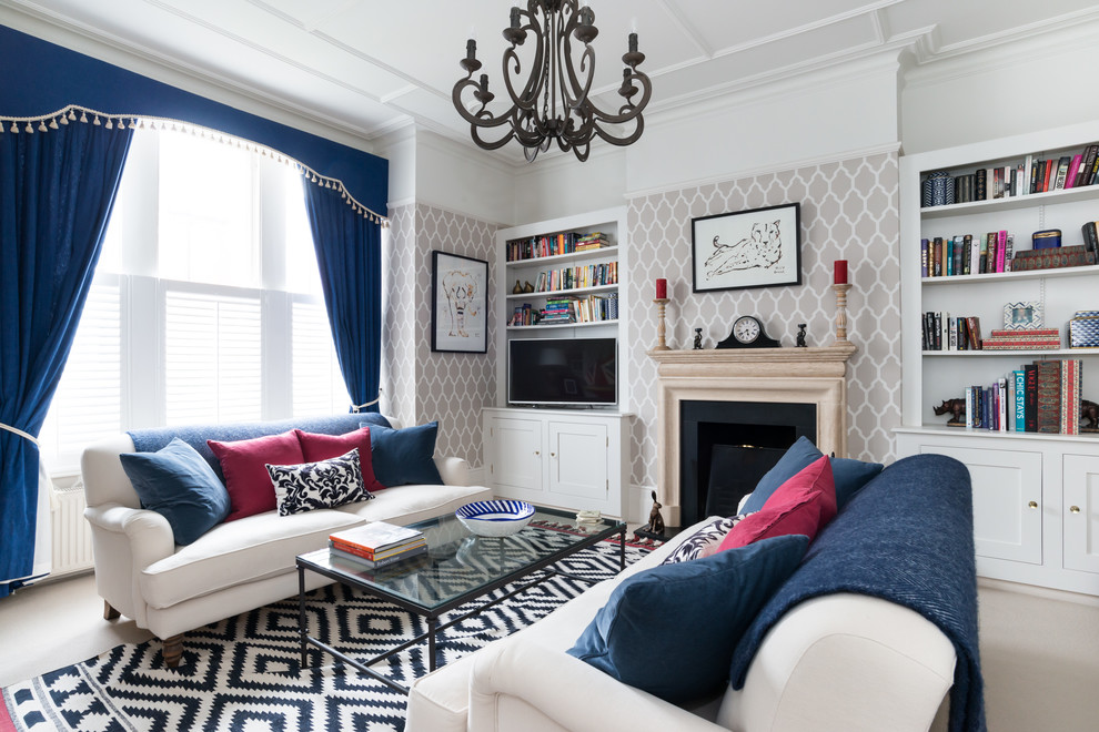 Example of a large transitional formal and enclosed carpeted and beige floor living room design in London with beige walls, a standard fireplace, a stone fireplace and no tv