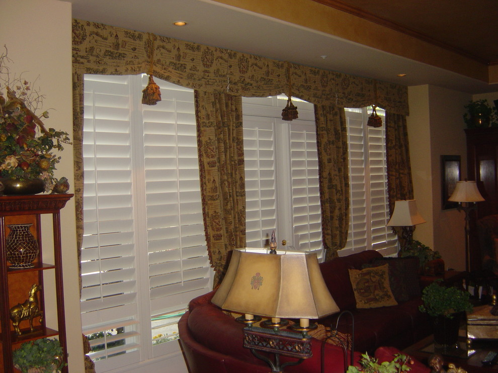 Draperies Over Plantation Shutters Traditional Living Room San