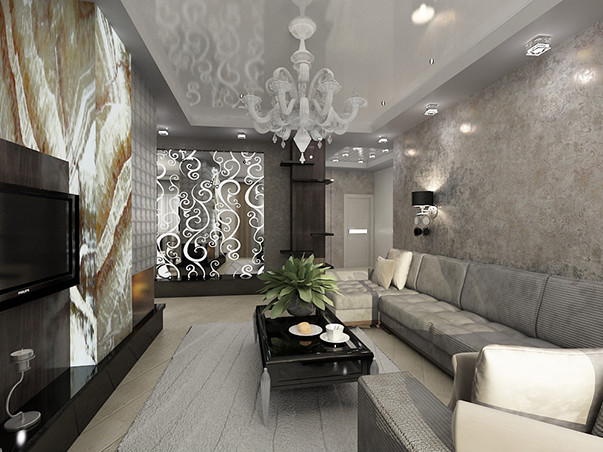 Modernes Wohnzimmer mit grauer Wandfarbe, hellem Holzboden, Eckkamin und Multimediawand in Toronto