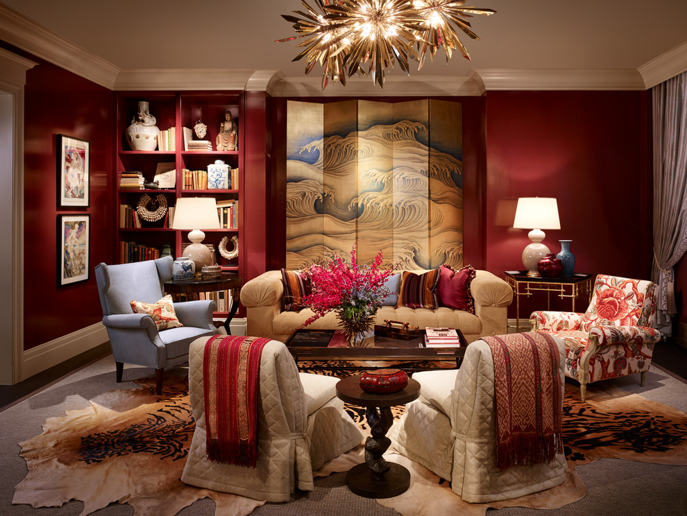 Пример оригинального дизайна: гостиная комната в современном стиле с красными стенами и ковровым покрытием