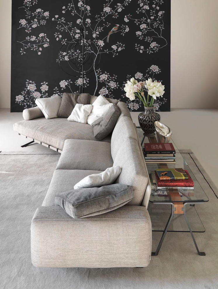 Idéer för ett mellanstort modernt vardagsrum, med ett finrum, grå väggar, heltäckningsmatta och vitt golv