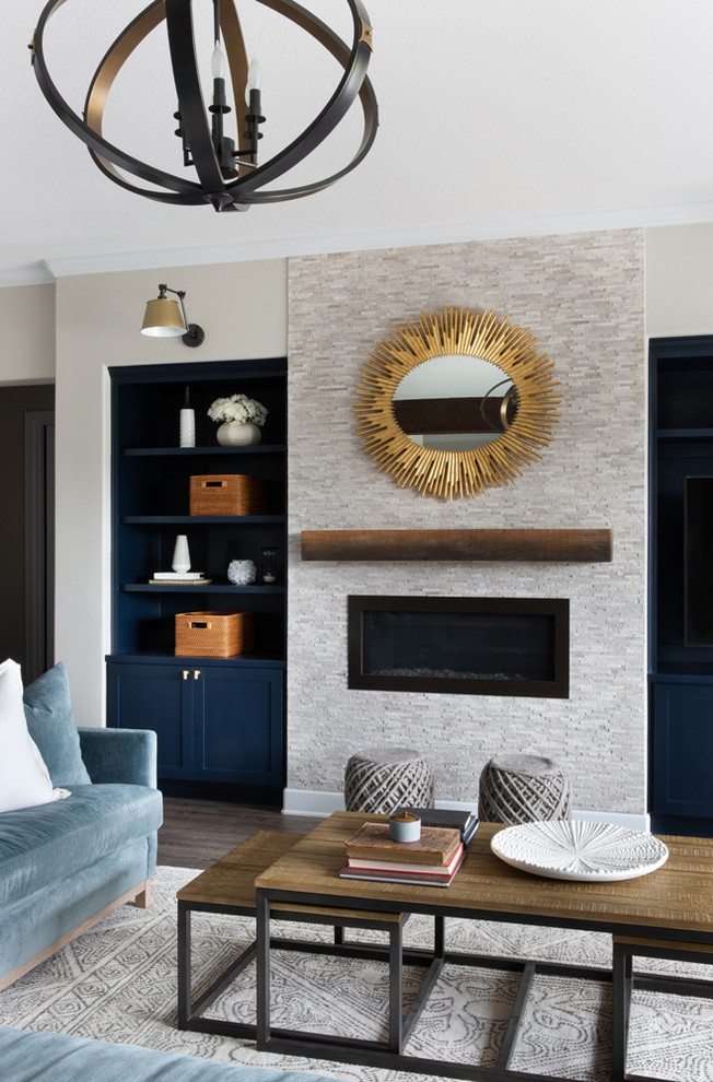 Inspiration for a mid-sized transitional formal and loft-style dark wood floor and gray floor living room remodel in Austin with multicolored walls, no fireplace and a wall-mounted tv