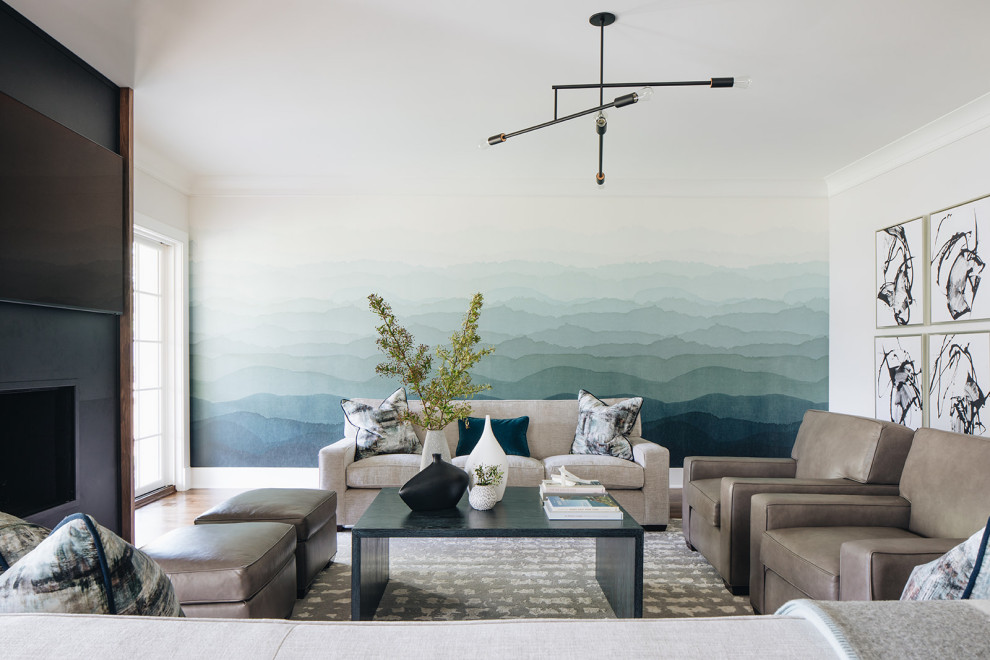 Example of a large transitional dark wood floor and brown floor living room design in Chicago with multicolored walls and a standard fireplace