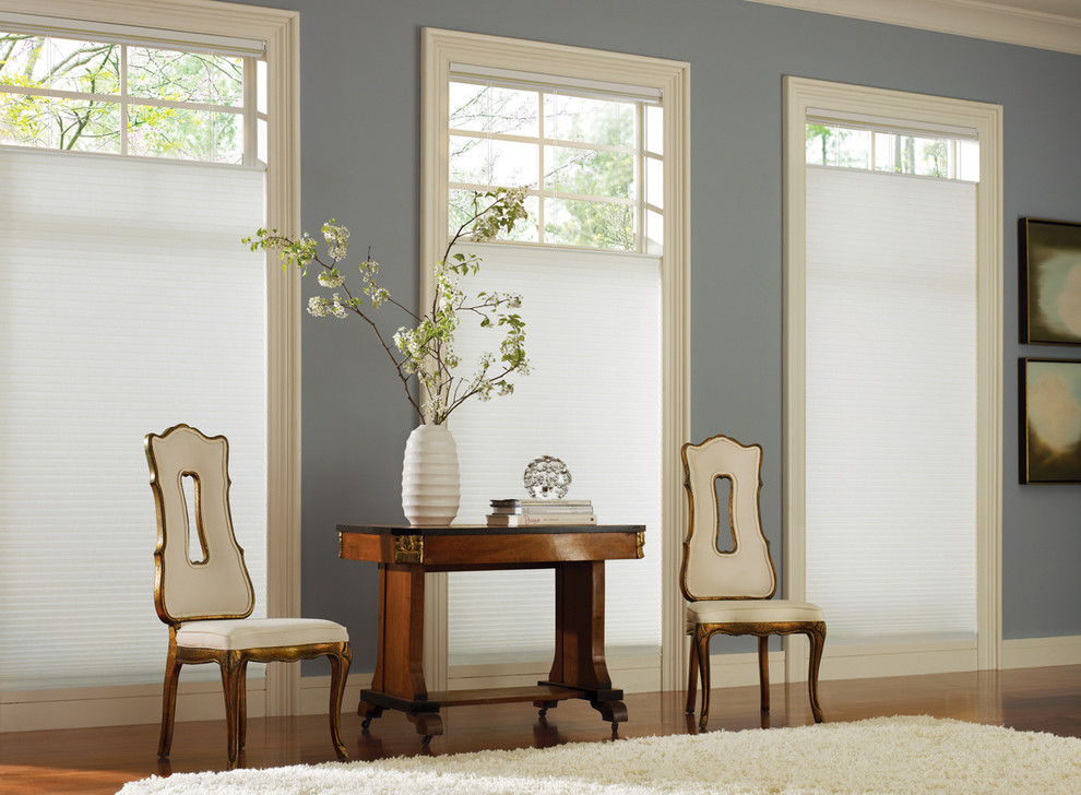 Modelo de salón para visitas abierto clásico de tamaño medio con paredes azules, suelo de madera en tonos medios y suelo marrón