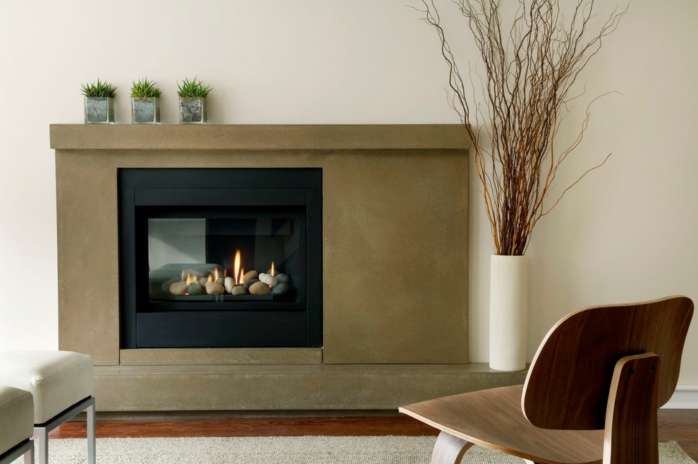 Living room - mid-sized contemporary enclosed dark wood floor and brown floor living room idea in Toronto with a standard fireplace, a concrete fireplace, white walls and no tv