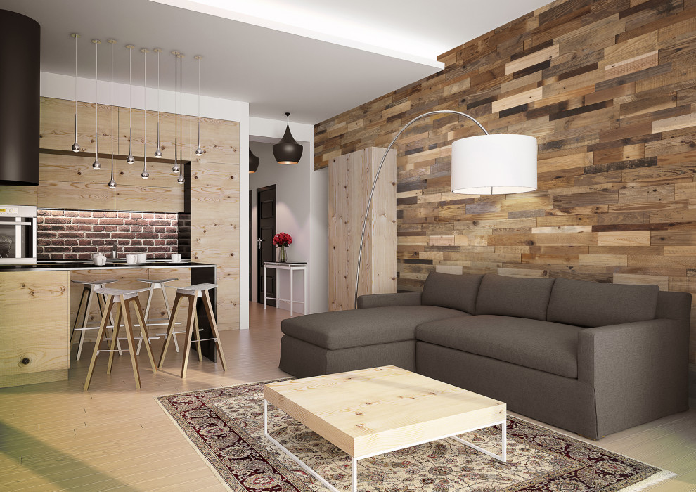 Esempio di un soggiorno stile rurale aperto con sala formale, pareti marroni, pavimento beige, pannellatura, pareti in perlinato e pareti in legno