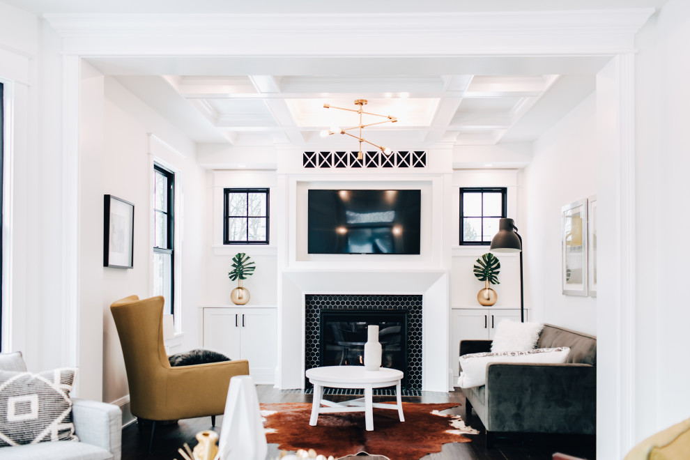 Mid-sized minimalist formal and enclosed dark wood floor, brown floor and coffered ceiling living room photo in Minneapolis with white walls, a standard fireplace, a tile fireplace and a wall-mounted tv