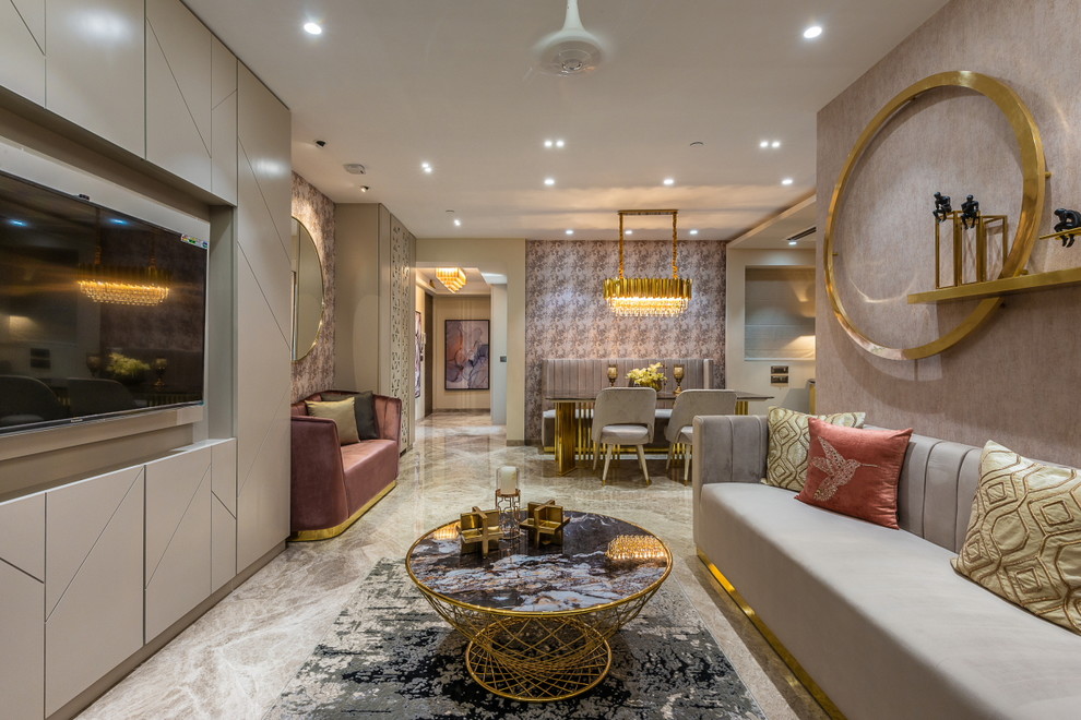Idée de décoration pour un salon design de taille moyenne et ouvert avec un mur beige, un sol en marbre et un sol beige.
