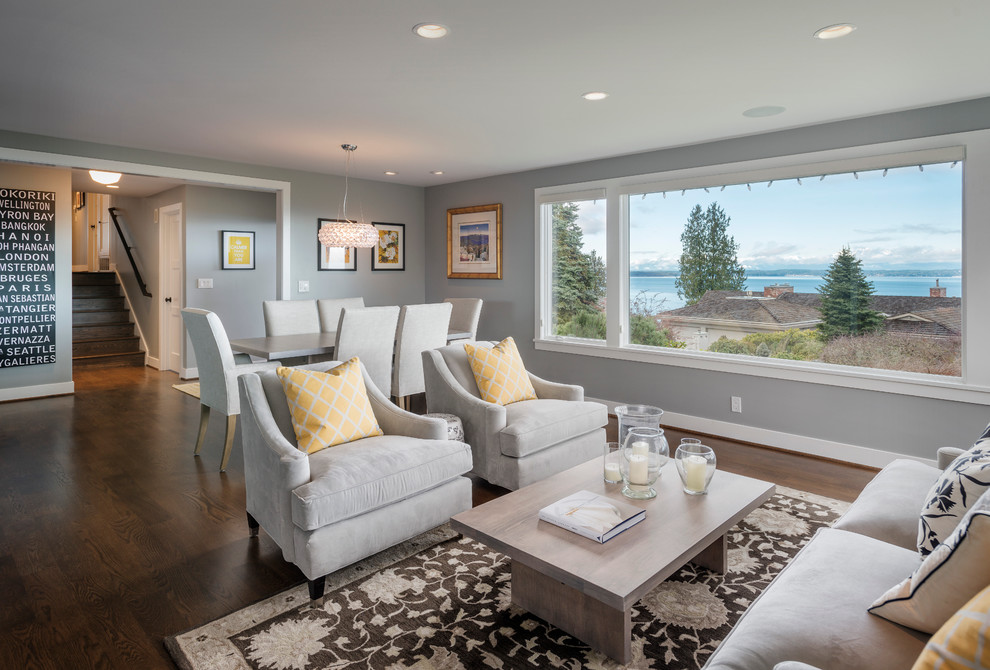 Trendy dark wood floor living room photo in Seattle with gray walls