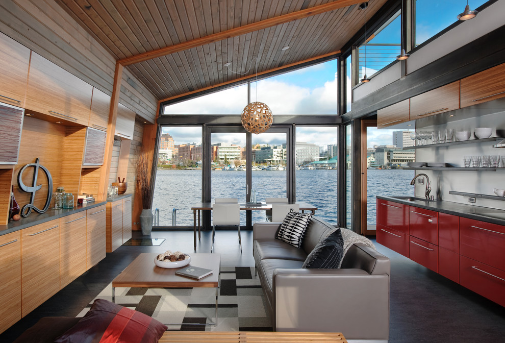 Urban living room in Seattle with concrete flooring.