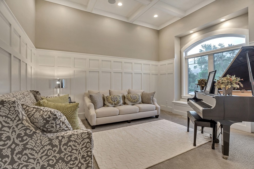 Large classic living room in Salt Lake City with grey walls, porcelain flooring and grey floors.
