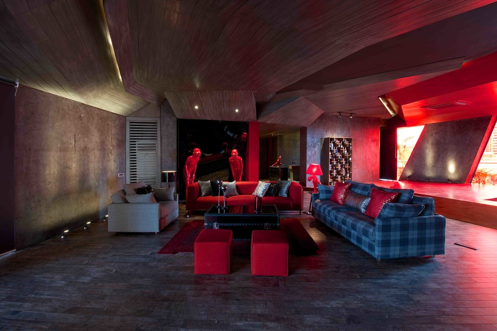 Источник вдохновения для домашнего уюта: открытая гостиная комната в современном стиле с серыми стенами и темным паркетным полом без камина, телевизора