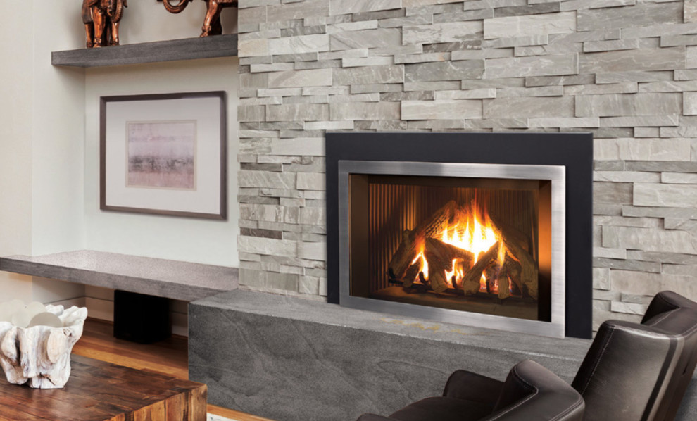 E33 Gas Fireplace Insert With A Brushed Nickel Borderview Surround Transitional Living Room Vancouver By Okanagan Home Center Houzz E33 Gas Fireplace Insert With A Brushed, Fireplace Insert Surround