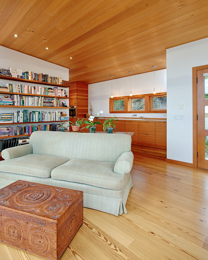 Ispirazione per un piccolo soggiorno moderno aperto con pareti bianche, parquet chiaro, stufa a legna, nessuna TV e pavimento marrone
