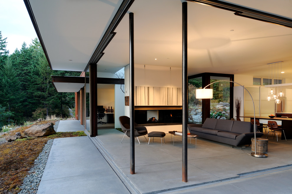 Idée de décoration pour un salon design de taille moyenne avec sol en béton ciré et une cheminée standard.