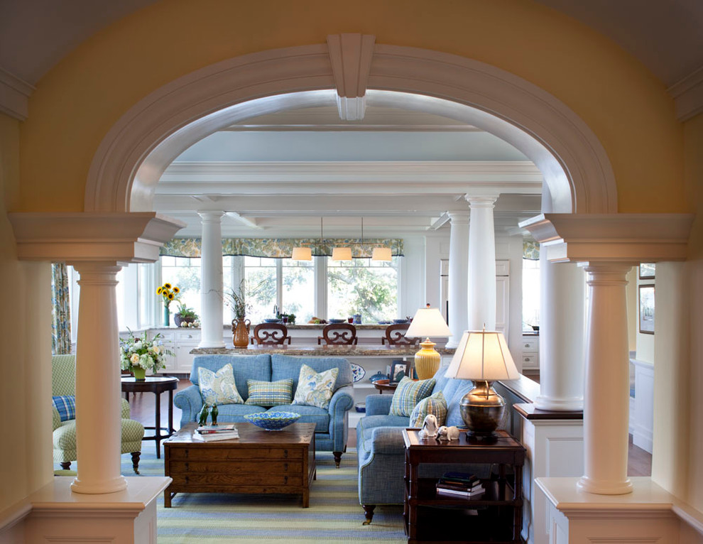 Example of a beach style living room design in Boston