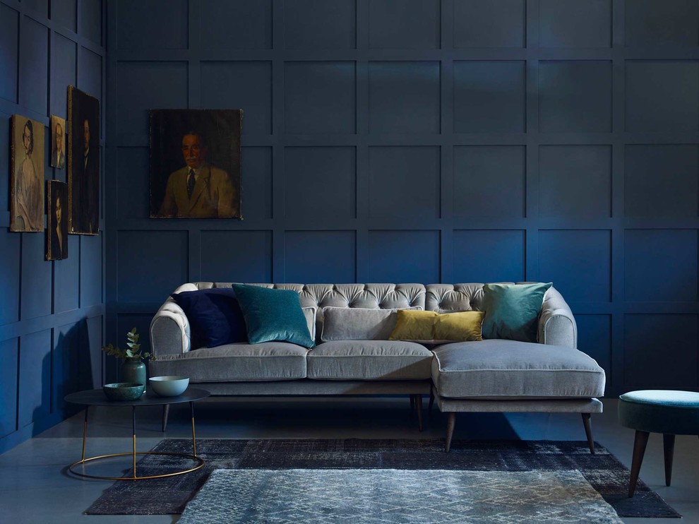 Design ideas for a medium sized contemporary grey and teal living room in Surrey.