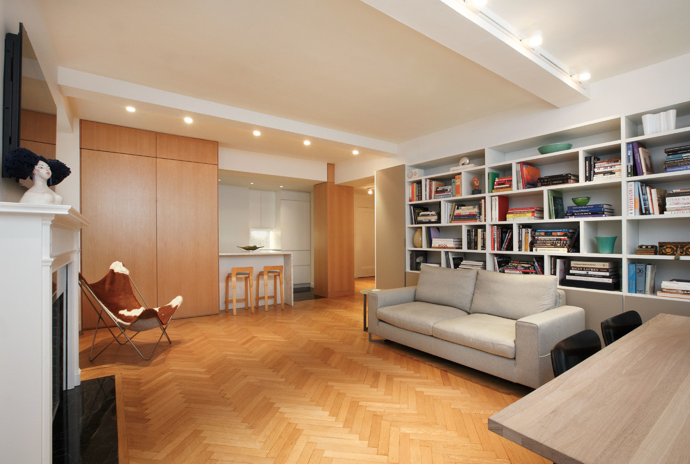 Kleines, Offenes Modernes Wohnzimmer mit weißer Wandfarbe, hellem Holzboden, Kamin und verstecktem TV in New York