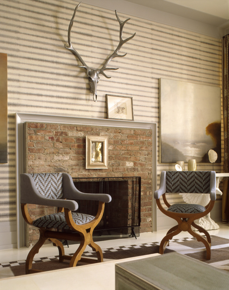 Modern living room in New York with a standard fireplace, a brick fireplace surround and no tv.