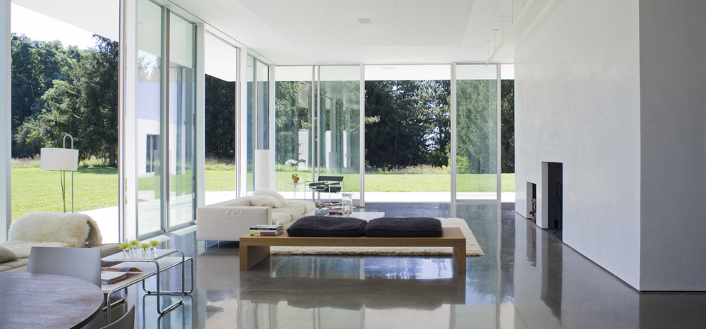 Immagine di un soggiorno minimalista aperto con pareti bianche, pavimento in cemento, camino classico, cornice del camino in intonaco e pavimento grigio