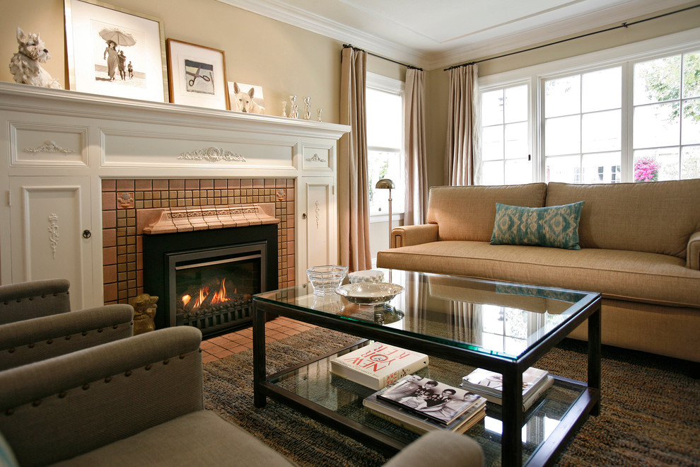 Trendy enclosed and formal living room photo in San Francisco with beige walls, a standard fireplace and a tile fireplace