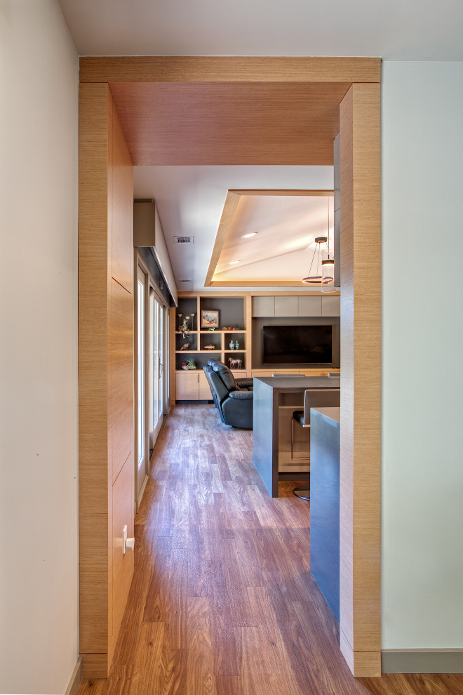 Immagine di un grande soggiorno minimalista aperto con pareti marroni, pavimento in vinile, nessun camino, parete attrezzata, pavimento marrone, soffitto a volta e pareti in legno