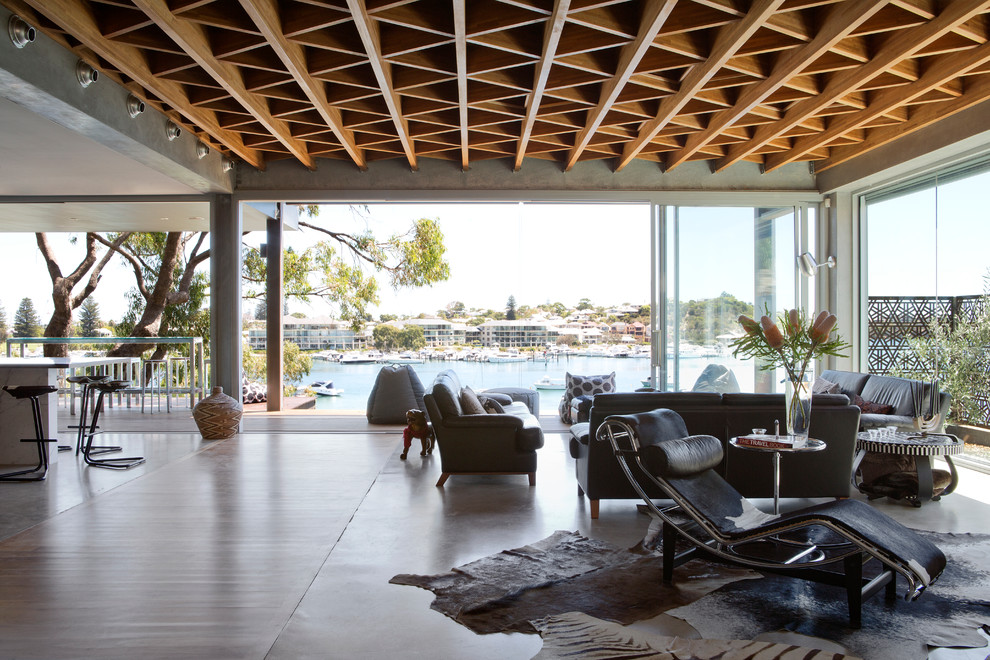Großes, Offenes, Repräsentatives Modernes Wohnzimmer mit Betonboden in Perth
