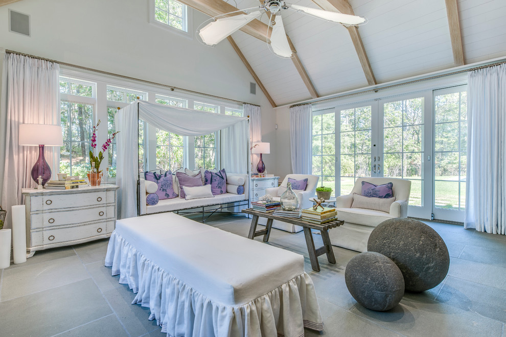 Living room - large shabby-chic style formal and enclosed ceramic tile living room idea in New York with white walls