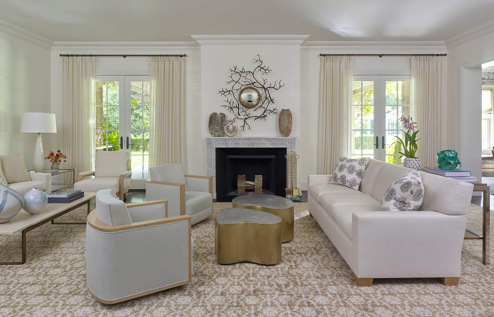 Photo of a large classic open plan living room in New York with white walls, carpet, a standard fireplace, a stone fireplace surround and no tv.