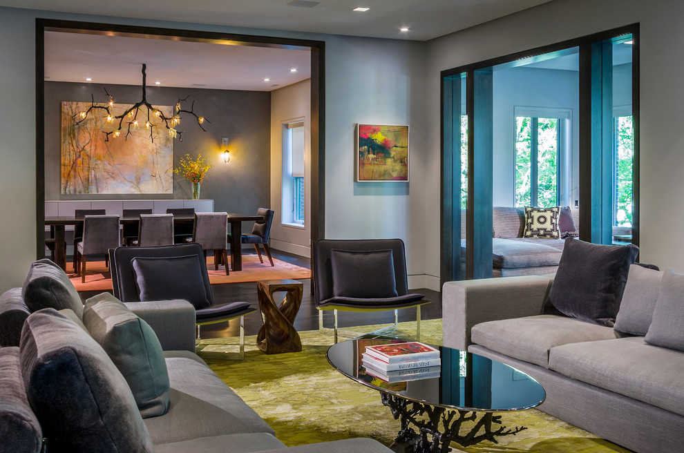 Inspiration for a contemporary grey and teal enclosed living room in Chicago with grey walls.