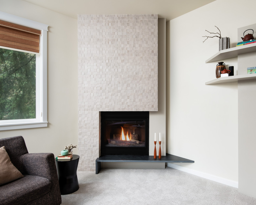 Mid-sized eclectic open concept carpeted and gray floor living room photo in Seattle with white walls, a corner fireplace, a tile fireplace and a wall-mounted tv