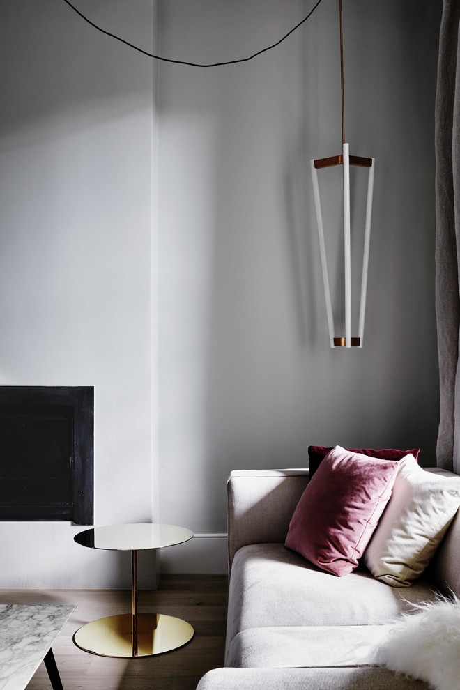 Cette photo montre un salon tendance avec un mur gris, parquet clair et une cheminée standard.