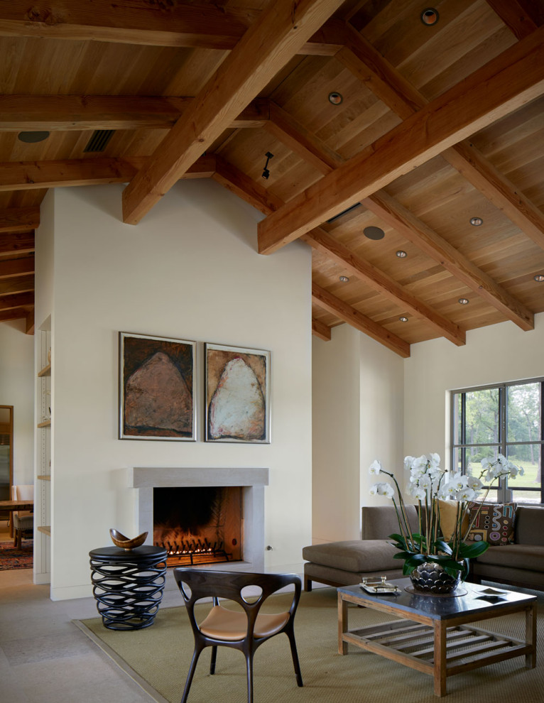 Repräsentatives, Offenes Modernes Wohnzimmer mit Kamin, Kaminumrandung aus Stein und gewölbter Decke in Houston