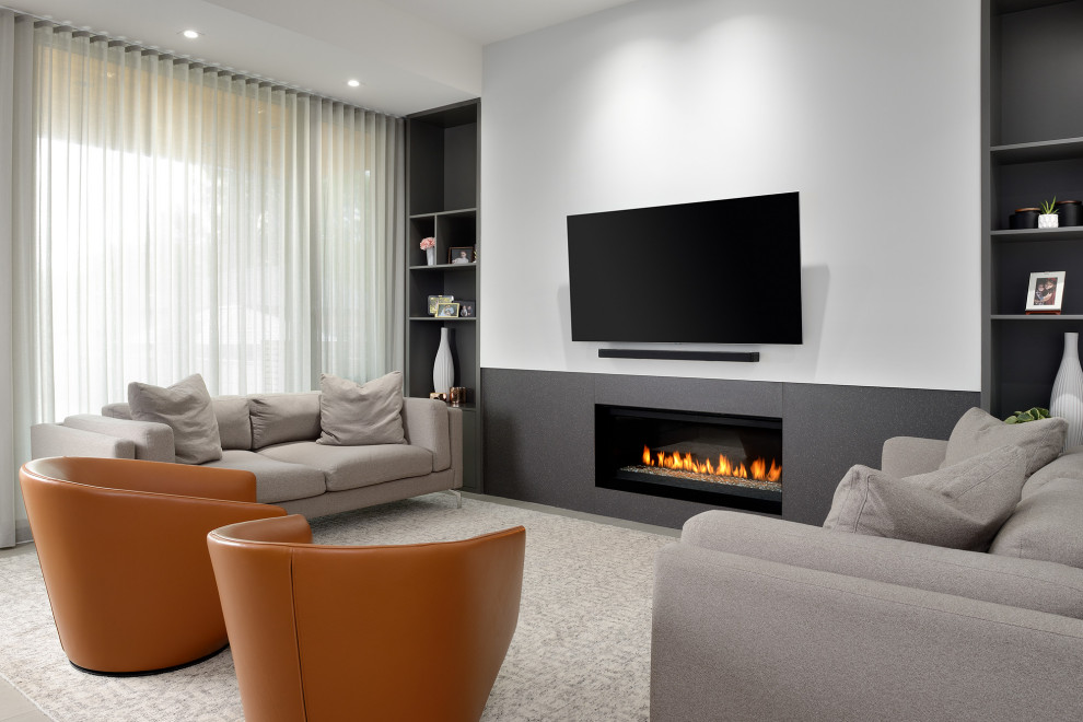 Medium sized contemporary formal living room in Toronto with white walls, porcelain flooring, a wall mounted tv, grey floors and a ribbon fireplace.