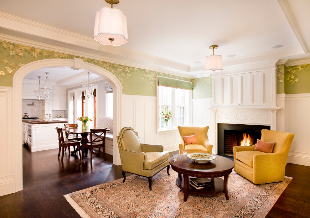 Design ideas for a large traditional formal open plan living room in Boston with green walls, dark hardwood flooring, a standard fireplace and a wooden fireplace surround.
