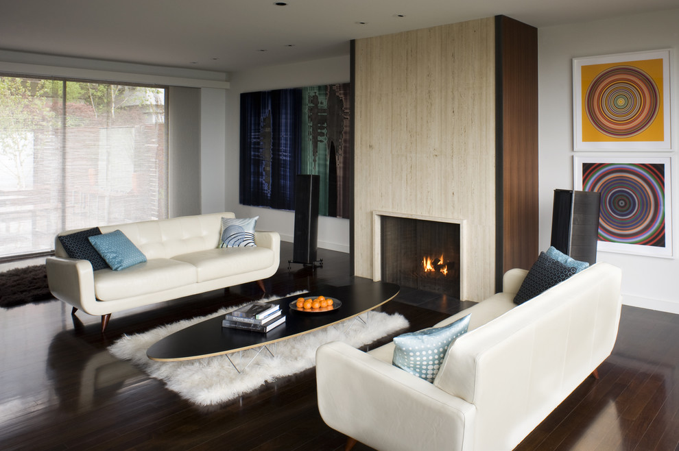 Minimalist living room photo in San Francisco with a tile fireplace