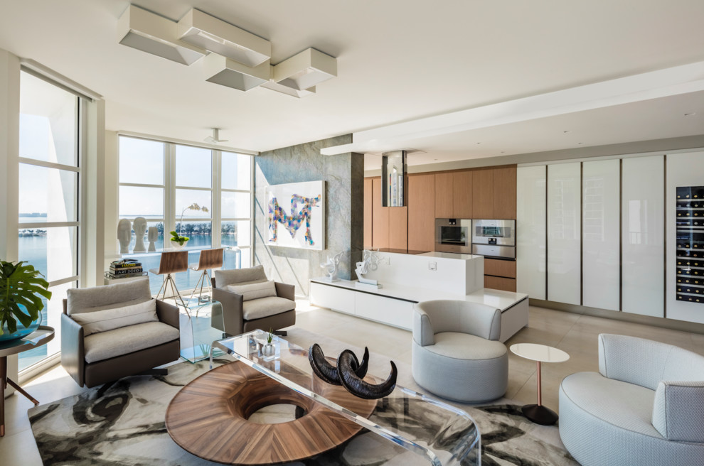 Стильный дизайн: огромная открытая гостиная комната в современном стиле без телевизора - последний тренд