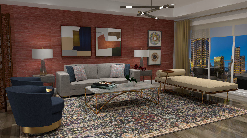 Idee per un soggiorno tradizionale di medie dimensioni e chiuso con pareti rosse, pavimento in legno massello medio e pavimento marrone