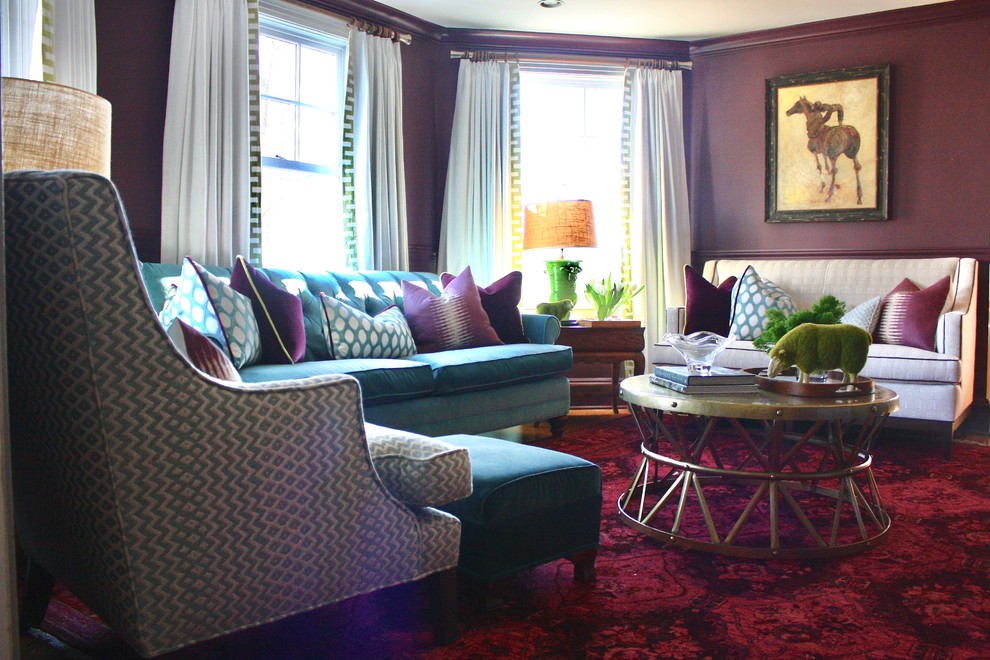 Photo of a medium sized eclectic enclosed living room in New York with a reading nook, purple walls, dark hardwood flooring, a standard fireplace, a stone fireplace surround, a built-in media unit and multi-coloured floors.