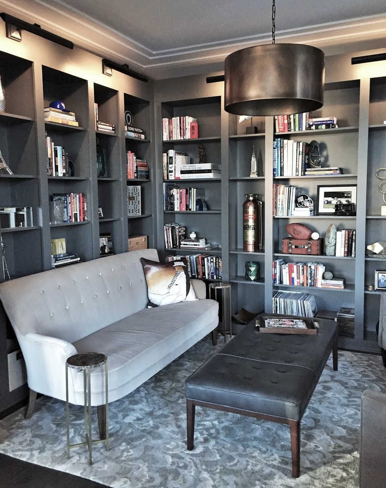 Inspiration for a mid-sized eclectic open concept dark wood floor living room remodel in Nashville with gray walls and no fireplace