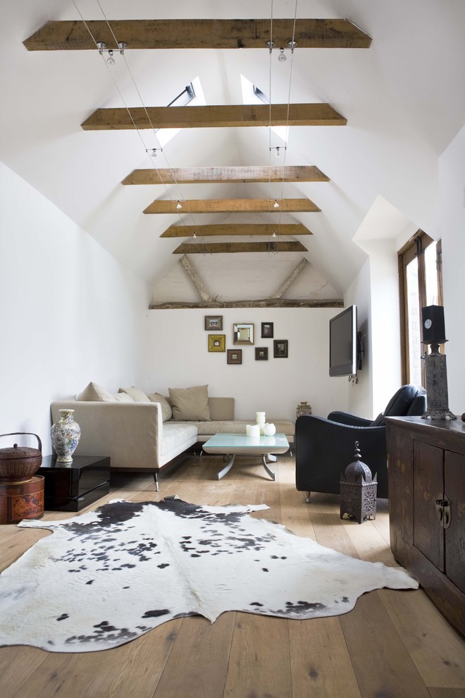Rural living room in London with white walls.