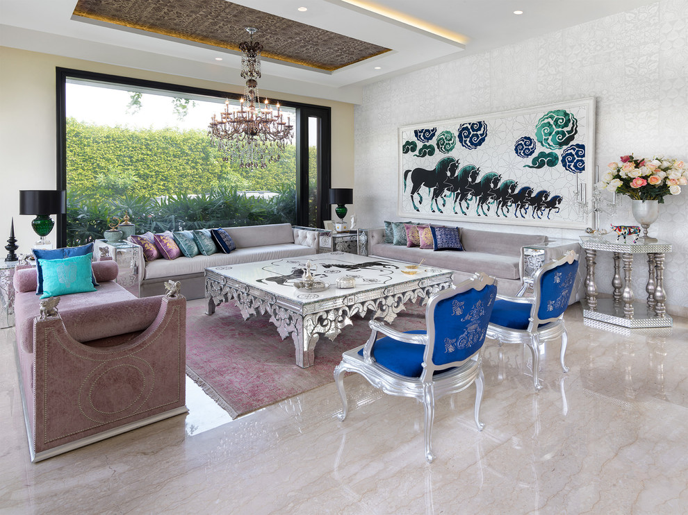 Inspiration för ett stort eklektiskt separat vardagsrum, med marmorgolv, ett finrum, grå väggar och beiget golv