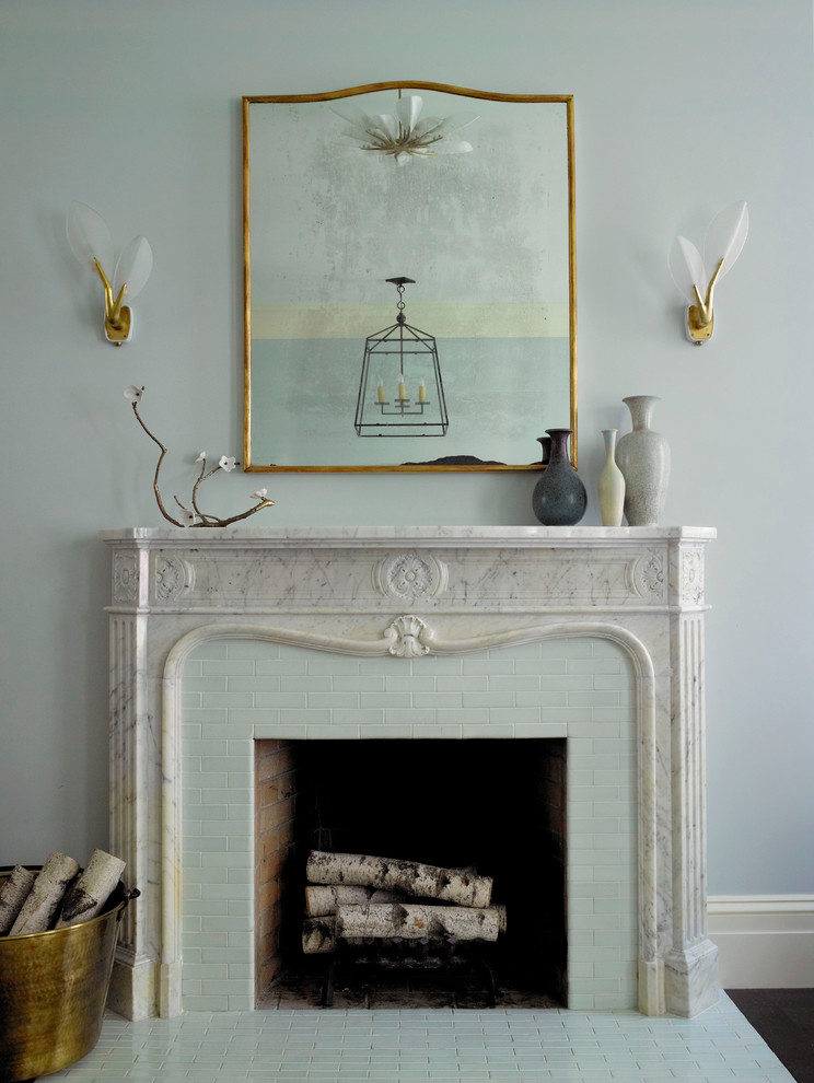 Inspiration for an eclectic living room in New York with a tiled fireplace surround.