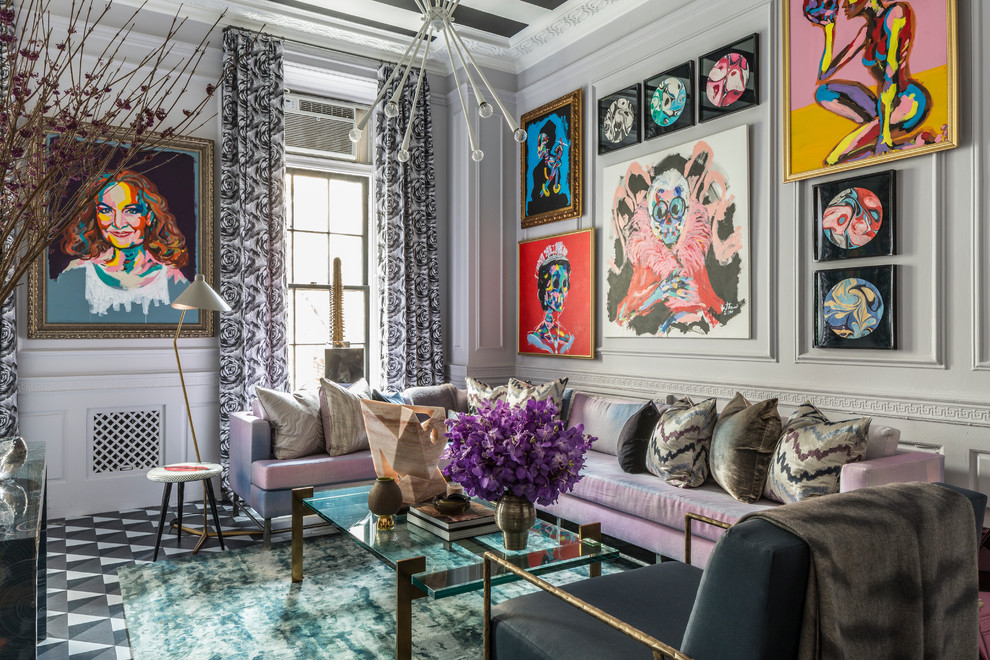 Свежая идея для дизайна: парадная гостиная комната в стиле фьюжн с серыми стенами - отличное фото интерьера