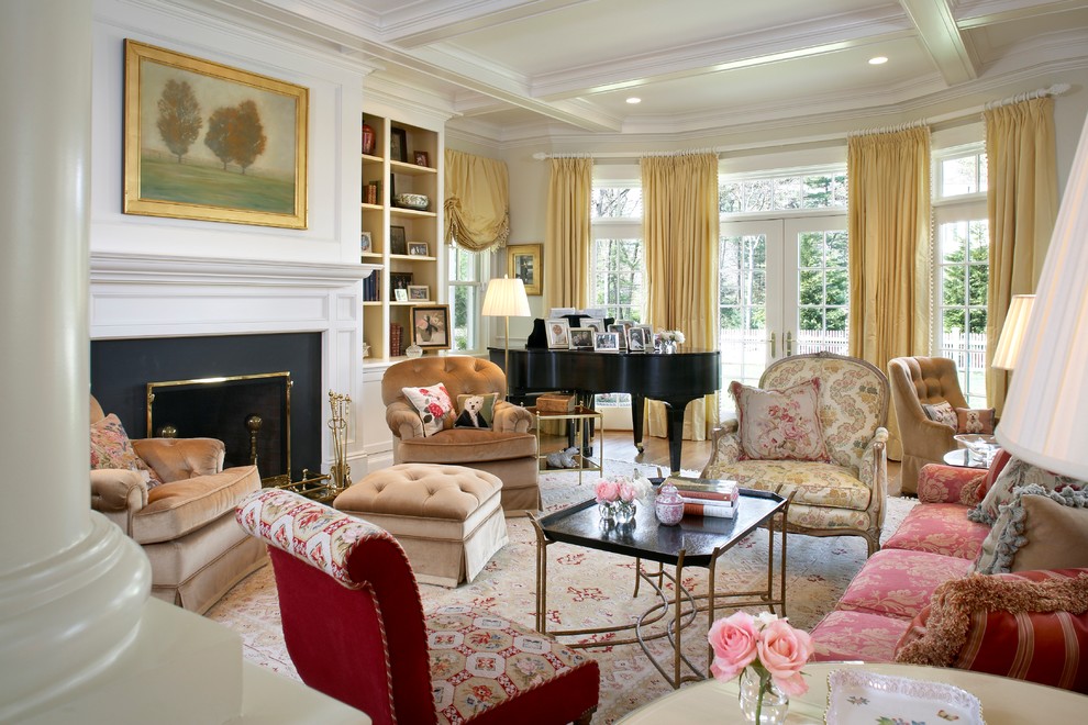 Living room - traditional formal and open concept carpeted living room idea in Boston with white walls, a standard fireplace and a wood fireplace surround
